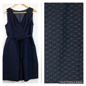Talbots brocade black micro dot fit flare sleeveless dress high waist belted EUC